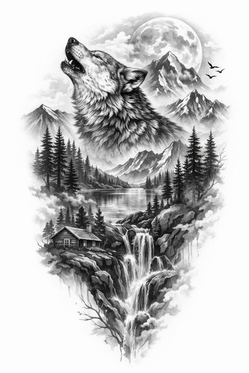 Wolf über der Berglandschaft 🌲🌕🏔️