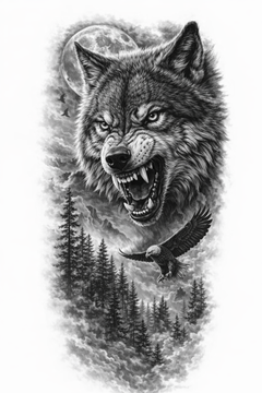 Wütender Wolf mit Adler und Wald 🌕🌲