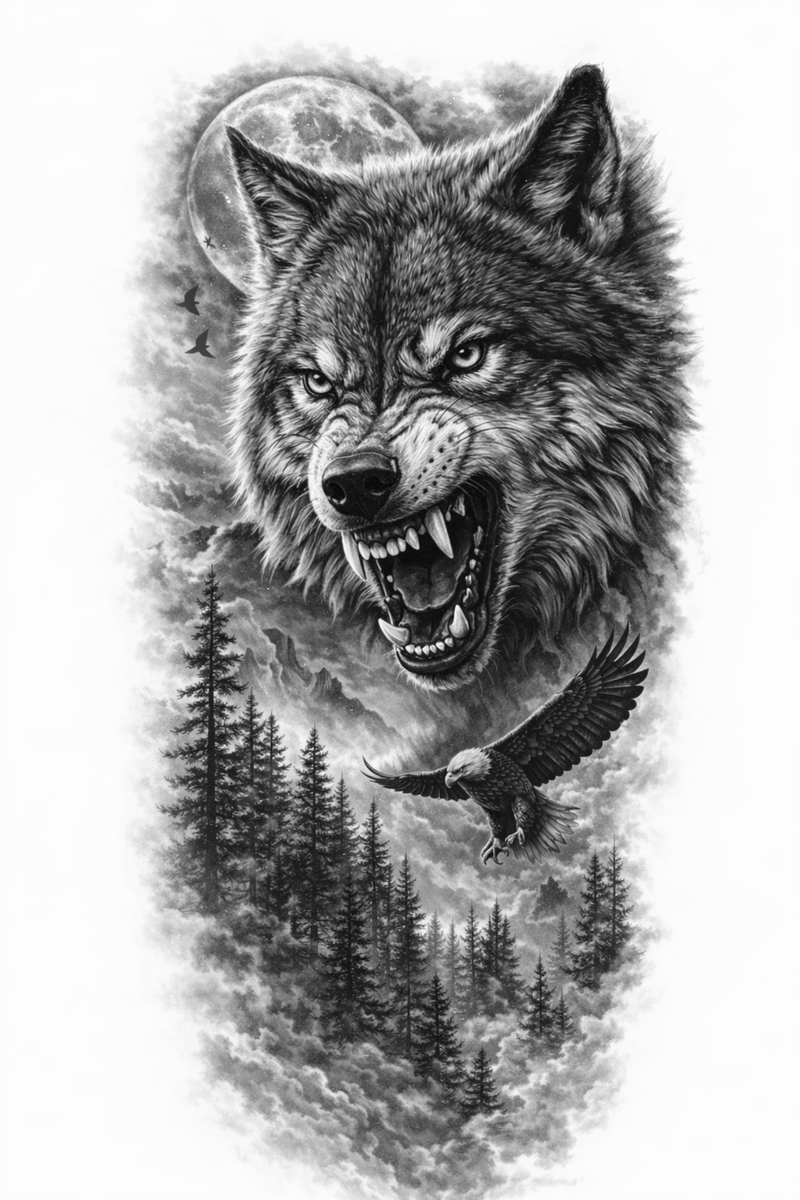 Wütender Wolf mit Adler und Wald 🌕🌲