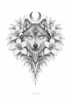 (SPEZIALPREIS) Wolf-Backpiece mit Sichelmond & Lilien