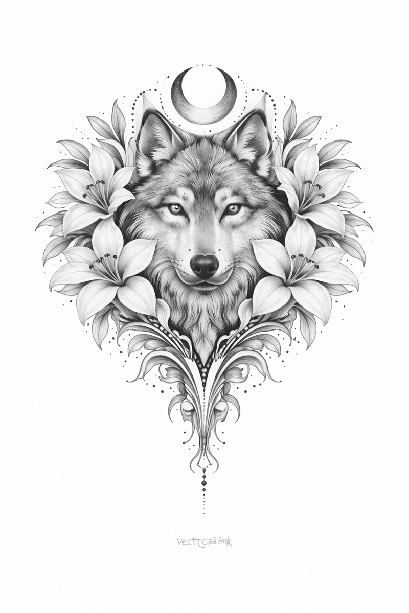 (SPEZIALPREIS) Wolf-Backpiece mit Sichelmond & Lilien