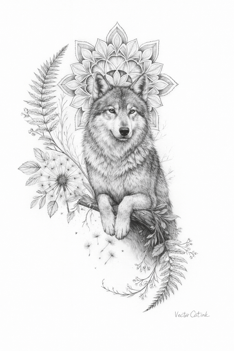 Waldruhe- Wolf mit Farn & Pusteblumen
