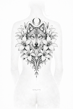 (SPEZIALPREIS) Wolf-Backpiece mit Sichelmond & Lilien
