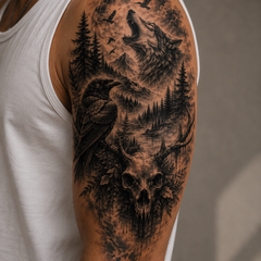 Wolf, Rabe und Hirschschädel im Wald 🌕🖤💀