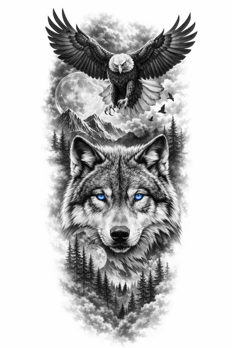Wolf mit Adler und blauen Augen 🐺🦅💙