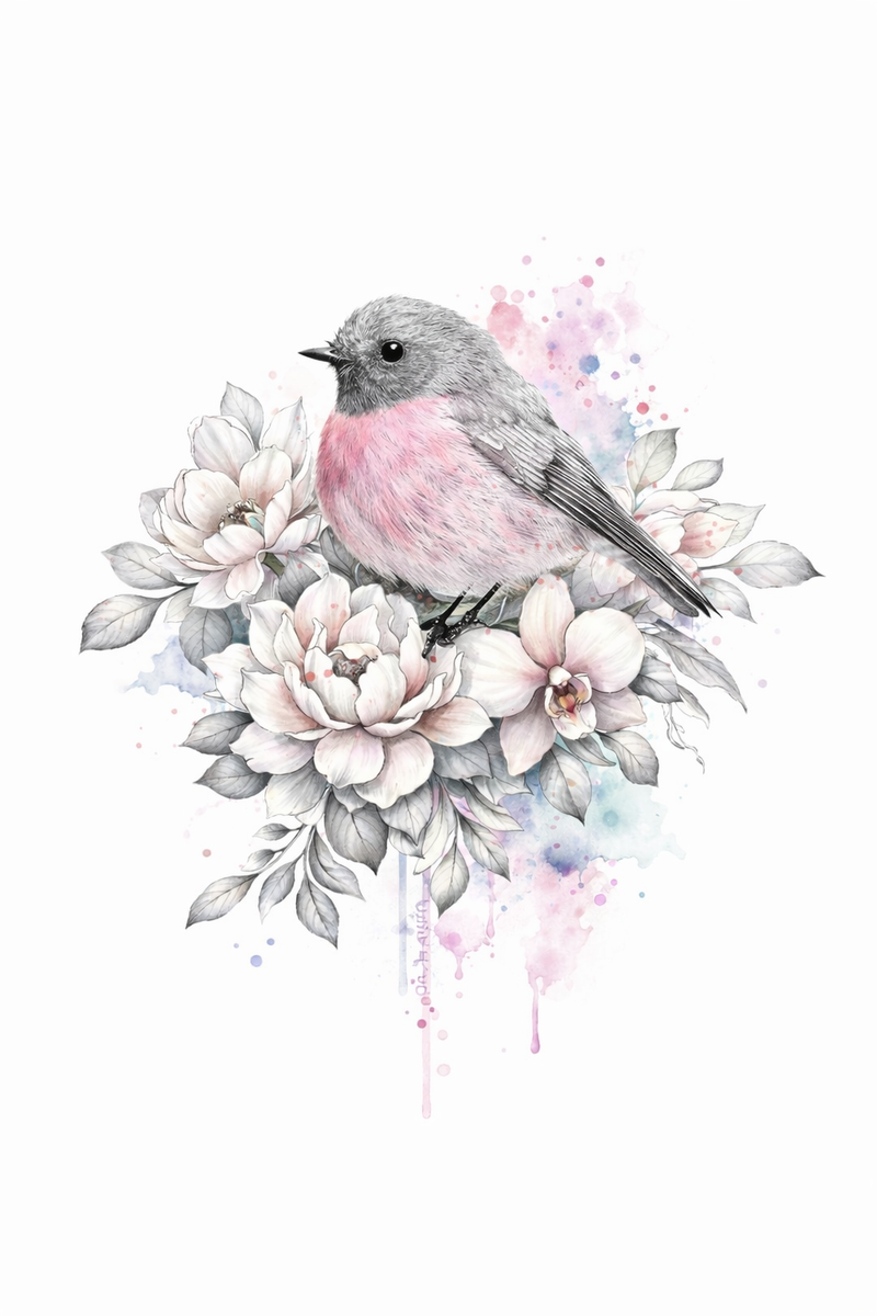 Zarter Vogel mit Blüten und Watercolor-Akzenten 🐦🌸🎨
