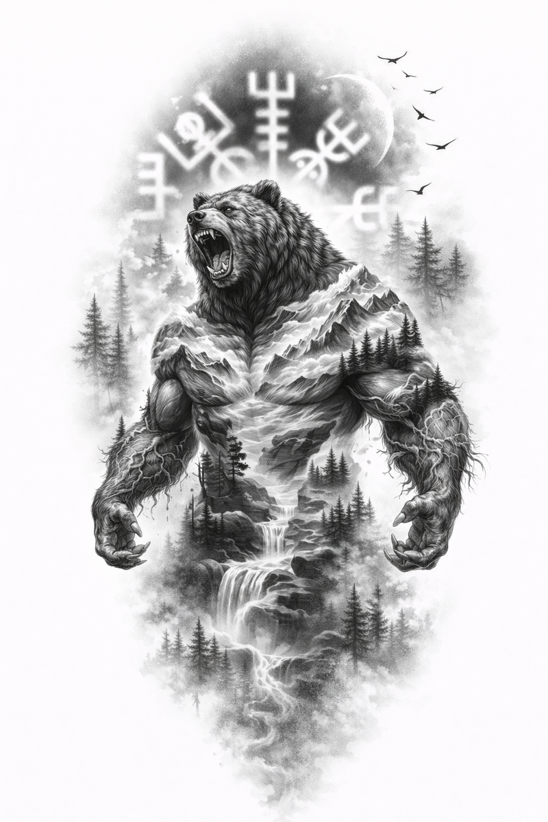 Berggeist-Bär mit Wasserfall und nordischer Symbolik 🐻⛰️🌫️