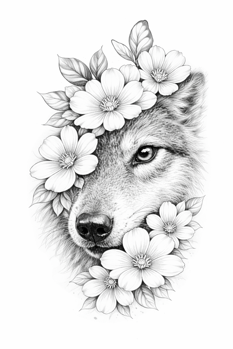 Wolf mit Blüten -Sanfter Instinkt