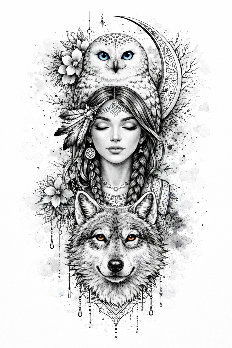 Frau – Eule – Wolf