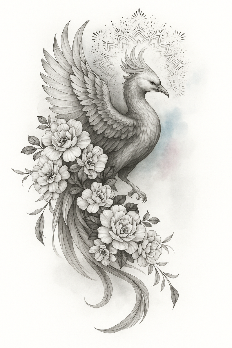 „Phoenix Blossom Rise“ – Phönix mit Blumen & Mandala