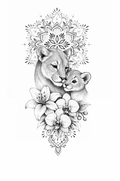 Löwin mit Jungtier und Blüten