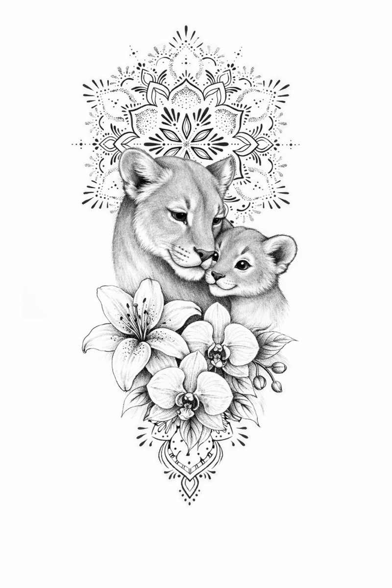 Löwin mit Jungtier und Blüten