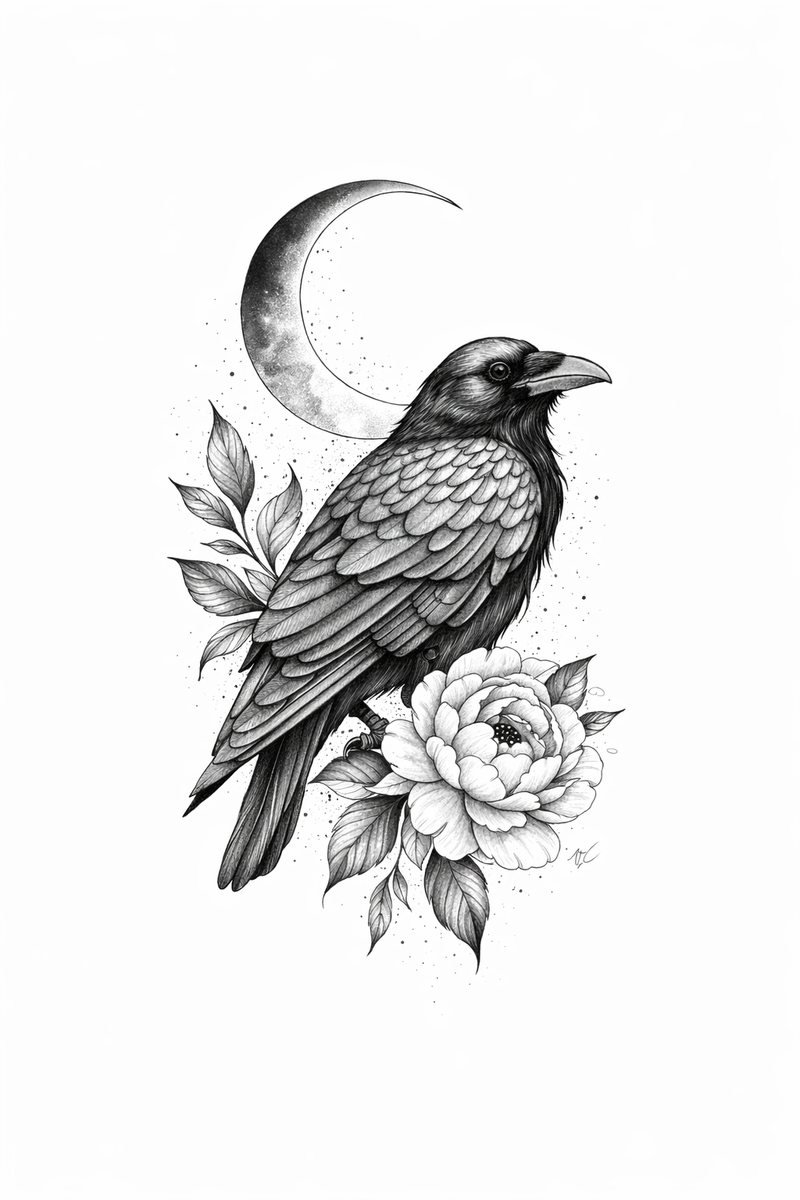 Rabe mit Blüte und Mond 🐦‍⬛🌙🌸