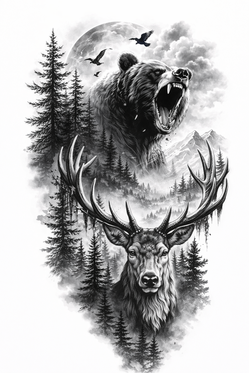 Bär und Hirsch im Nebelwald 🐻🦌🌲