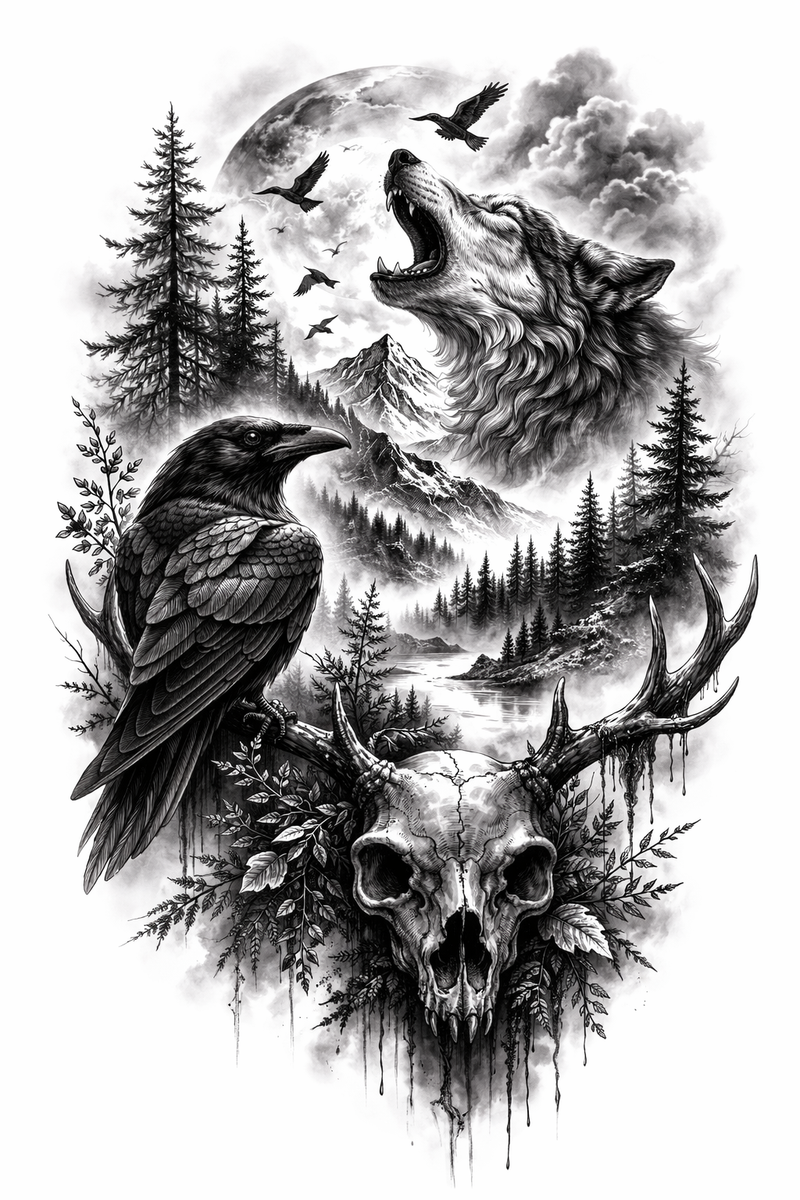 Wolf, Rabe und Hirschschädel im Wald 🌕🖤💀