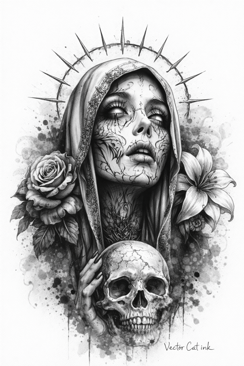 Schutz & Neuanfang – Die Heilige mit Rose, Lilie & Schädel