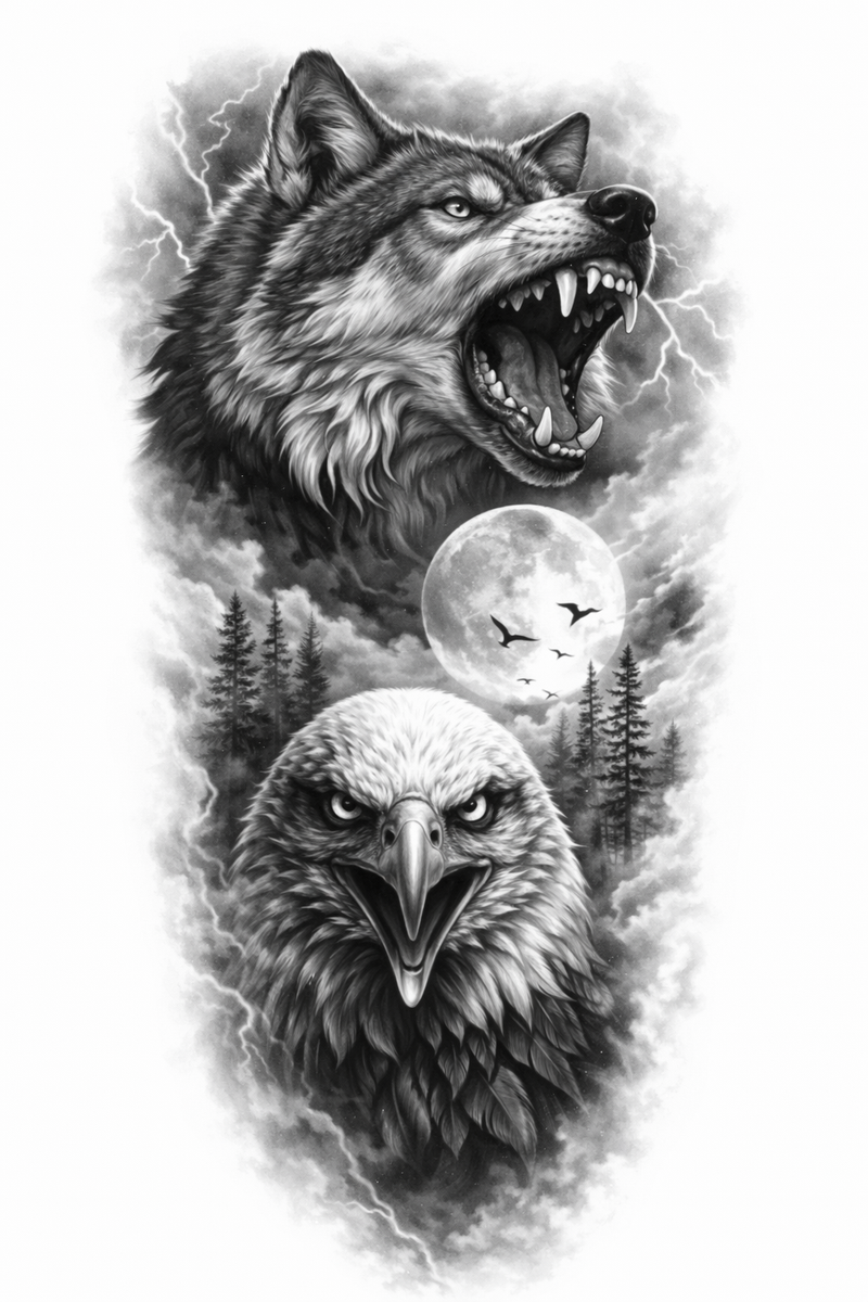 Wolf und Adler im Gewitter 🌕🦅🐺