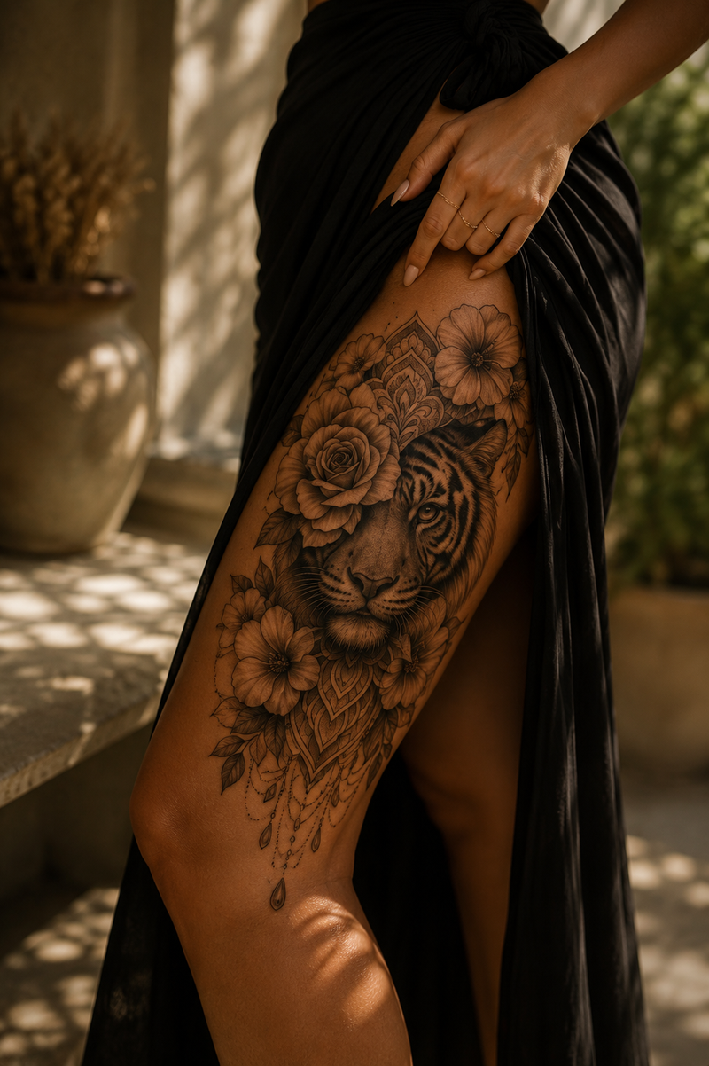 „Würde im Verborgenen“ Kategorie: Realistic Animals – Fine Line – Dotwork – Floraler Ornamentstil