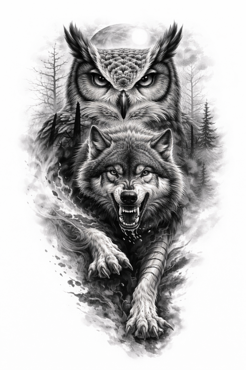 . Eule und angreifender Wolf 🦉🐺🌫️