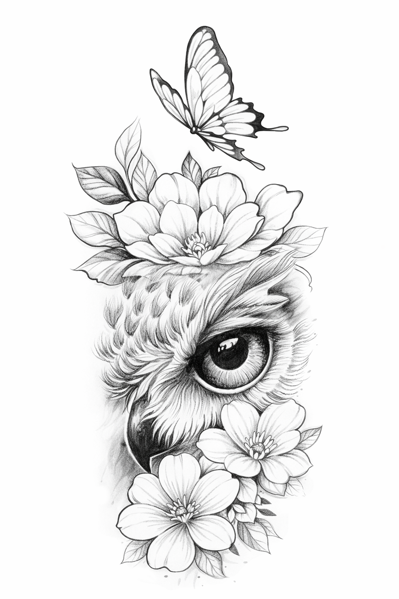 Eule mit Blüten & Schmetterling-Stille Weisheit