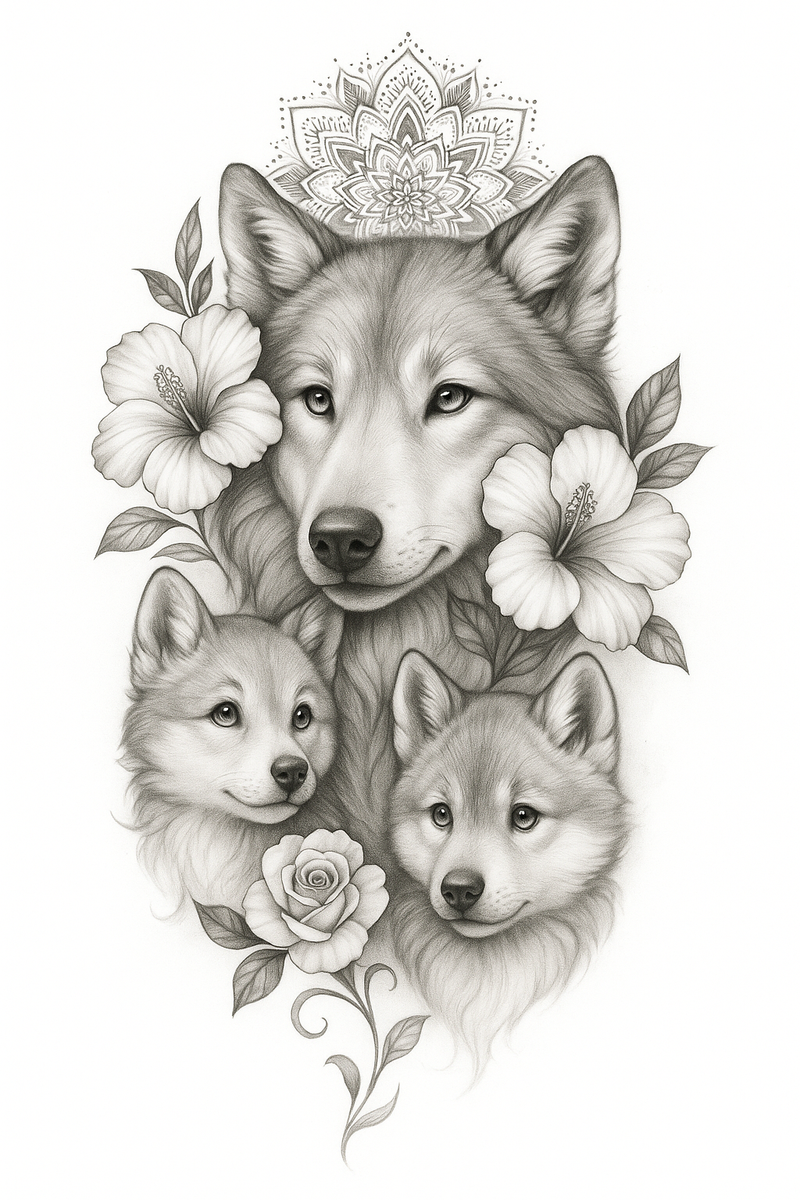 Wolf Family Heart“ – Wolfsfamilien-Tattoo