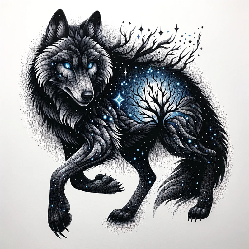 Mystisches Wolf-Dotwork-Tattoo