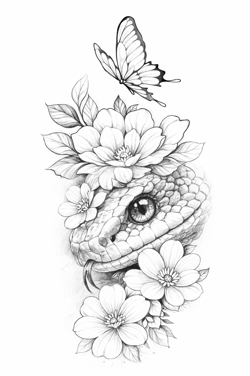 Schlange mit Blüten & Schmetterling - Geheilte Wildheit