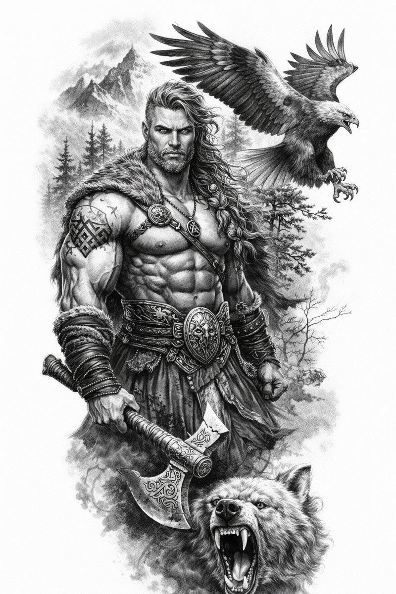 Nordischer Krieger mit Adler und Wolf 🪓🦅🐺