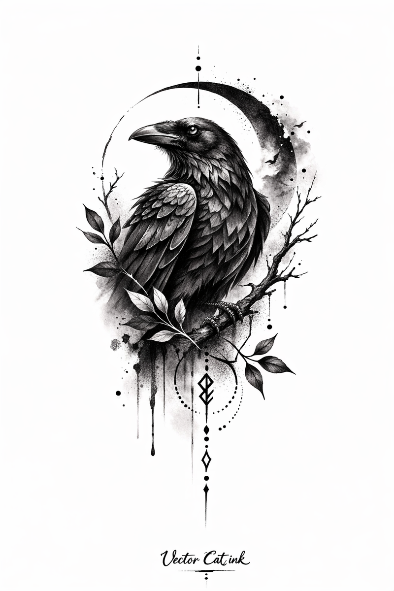 Rabe  mit Mond und Symbolik 🐦‍⬛🌙