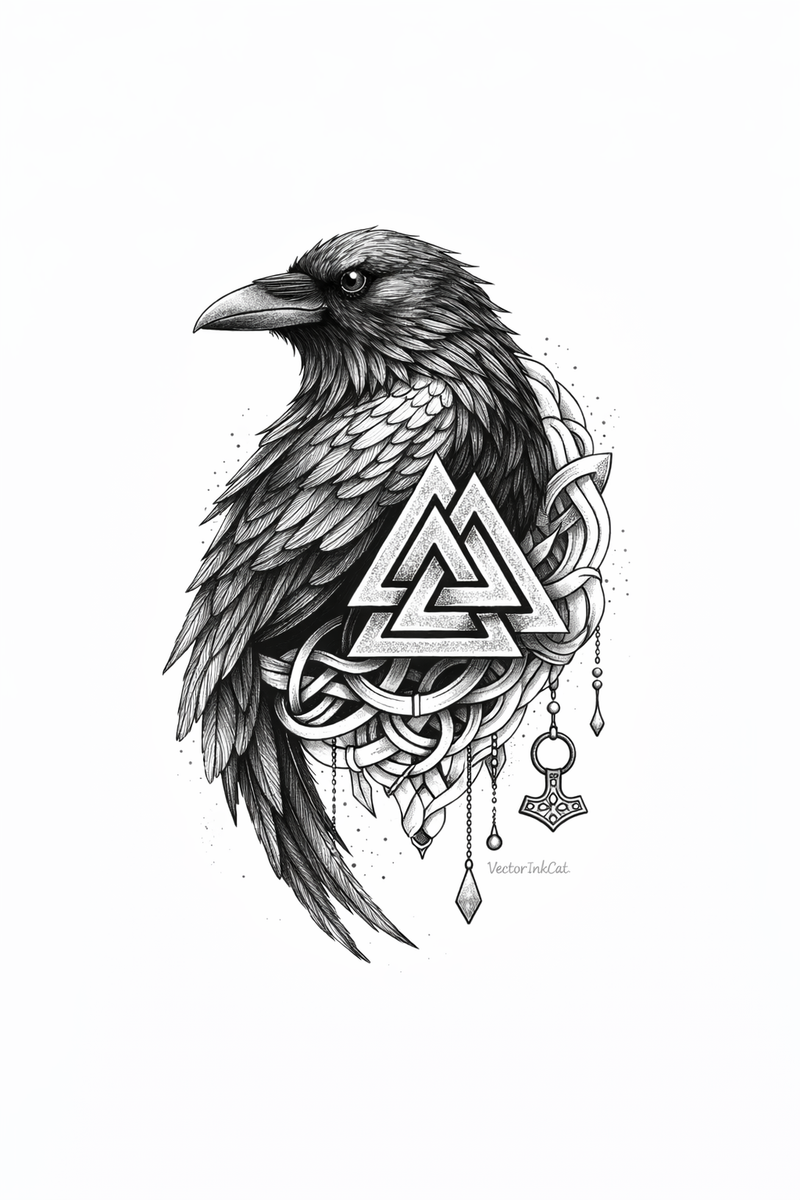 Rabe mit Valknut und nordischer Knotung 🐦‍⬛🔺⚔️