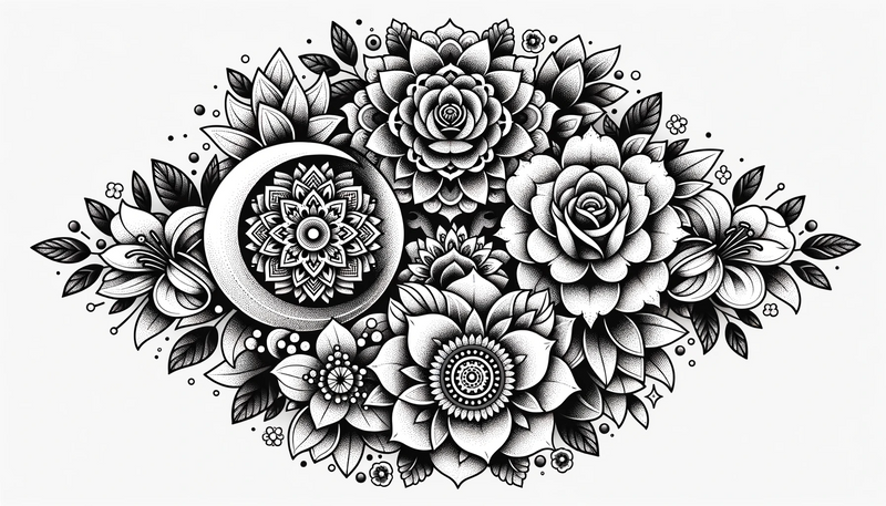 Eine florale und kosmische Umschlingung im Dotwork-Stil