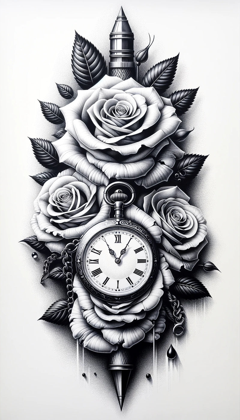 Mittelgrosse Tattoos- Taschenuhr mit Rosen-Schätze die Momente des Lebens