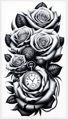 Mittelgrosse Tattoos- Taschenuhr mit Rosen-Schätze die Momente des Lebens