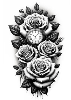 Mittelgrosse Tattoos- Taschenuhr mit Rosen-Schätze die Momente des Lebens