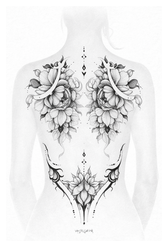 (SPEZIALPREIS) Symmetrisches Rückenstück mit 2 Blüten + Lotus unten