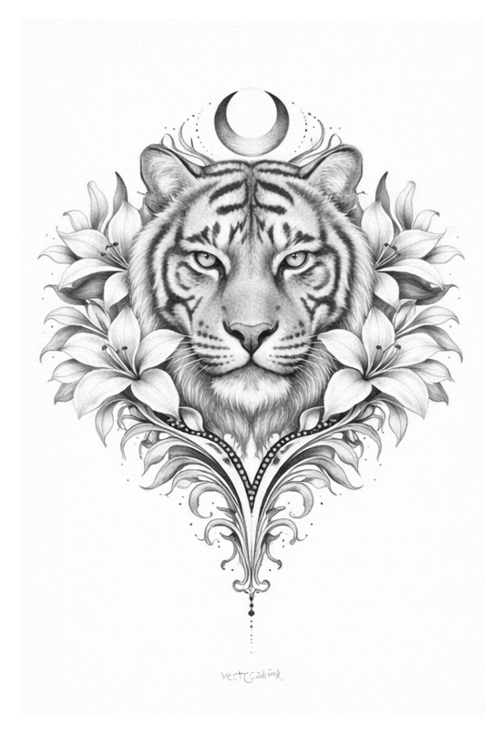 (SPEZIALPREIS) Tiger mit Sichelmond & Lilien