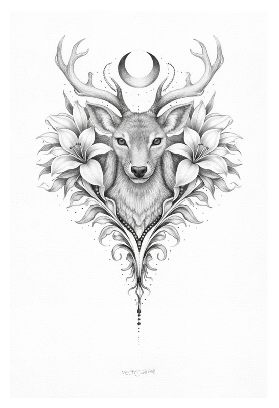 (SPEZIALPREIS) Hirsch mit Geweih, Sichelmond & Lilien