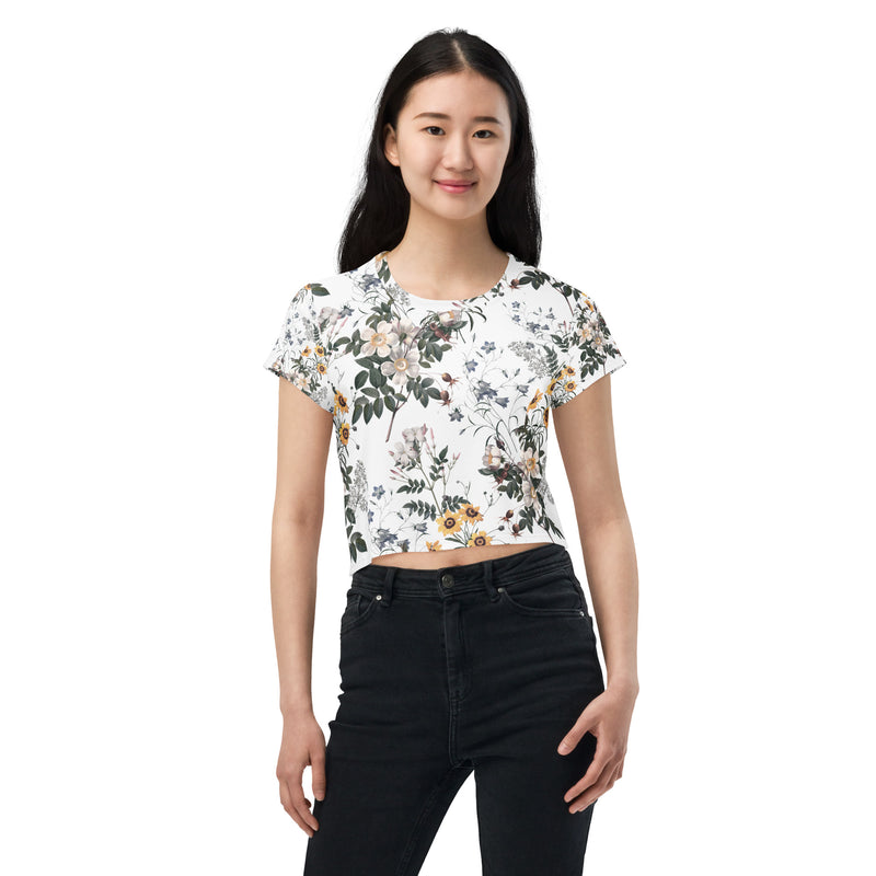 Weisses Blumenwiesenmuster -Crop-Top