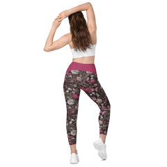 Rosen V-Bund-Leggings mit Taschen