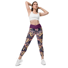 Violettes Blättermuster V-Bund-Leggings mit Taschen