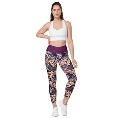 Violettes Blättermuster V-Bund-Leggings mit Taschen