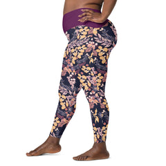 Violettes Blättermuster V-Bund-Leggings mit Taschen