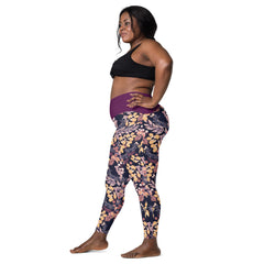 Violettes Blättermuster V-Bund-Leggings mit Taschen