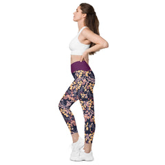 Violettes Blättermuster V-Bund-Leggings mit Taschen