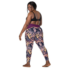 Violettes Blättermuster V-Bund-Leggings mit Taschen