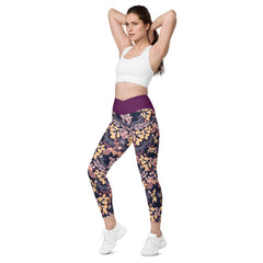 Violettes Blättermuster V-Bund-Leggings mit Taschen