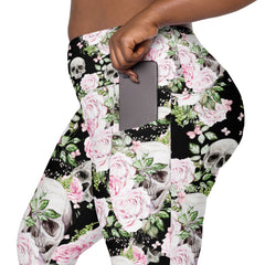 Schädel & Blumen -V-Bund-Leggings mit Taschen