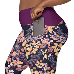 Violettes Blättermuster V-Bund-Leggings mit Taschen