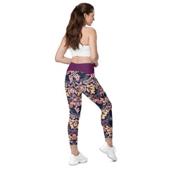 Violettes Blättermuster V-Bund-Leggings mit Taschen