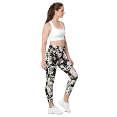 Schädel & Blumen -V-Bund-Leggings mit Taschen